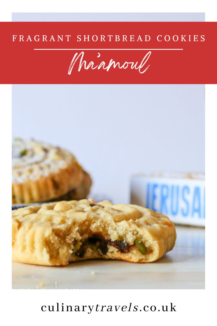 Pinterest pin for ma&rsquo;amoul cookies, fragrant Middle Eastern semolina shortbread biscuits with date and pistachio filling.